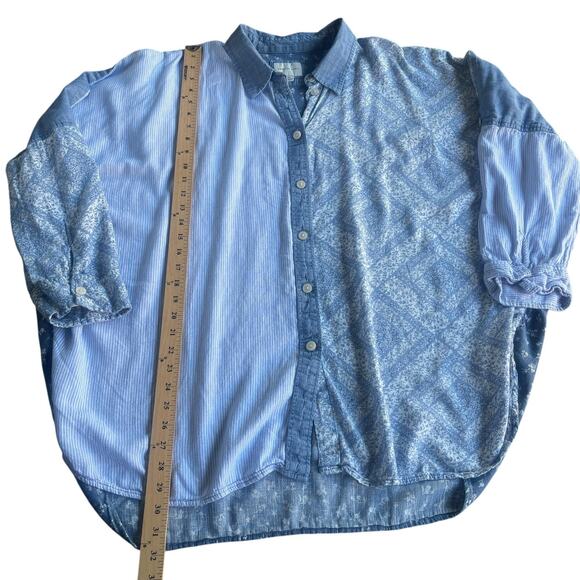American Eagle Shirt Womens Large Blue Patchwork Button Down Linen Blend Boho - Picture 7 of 8